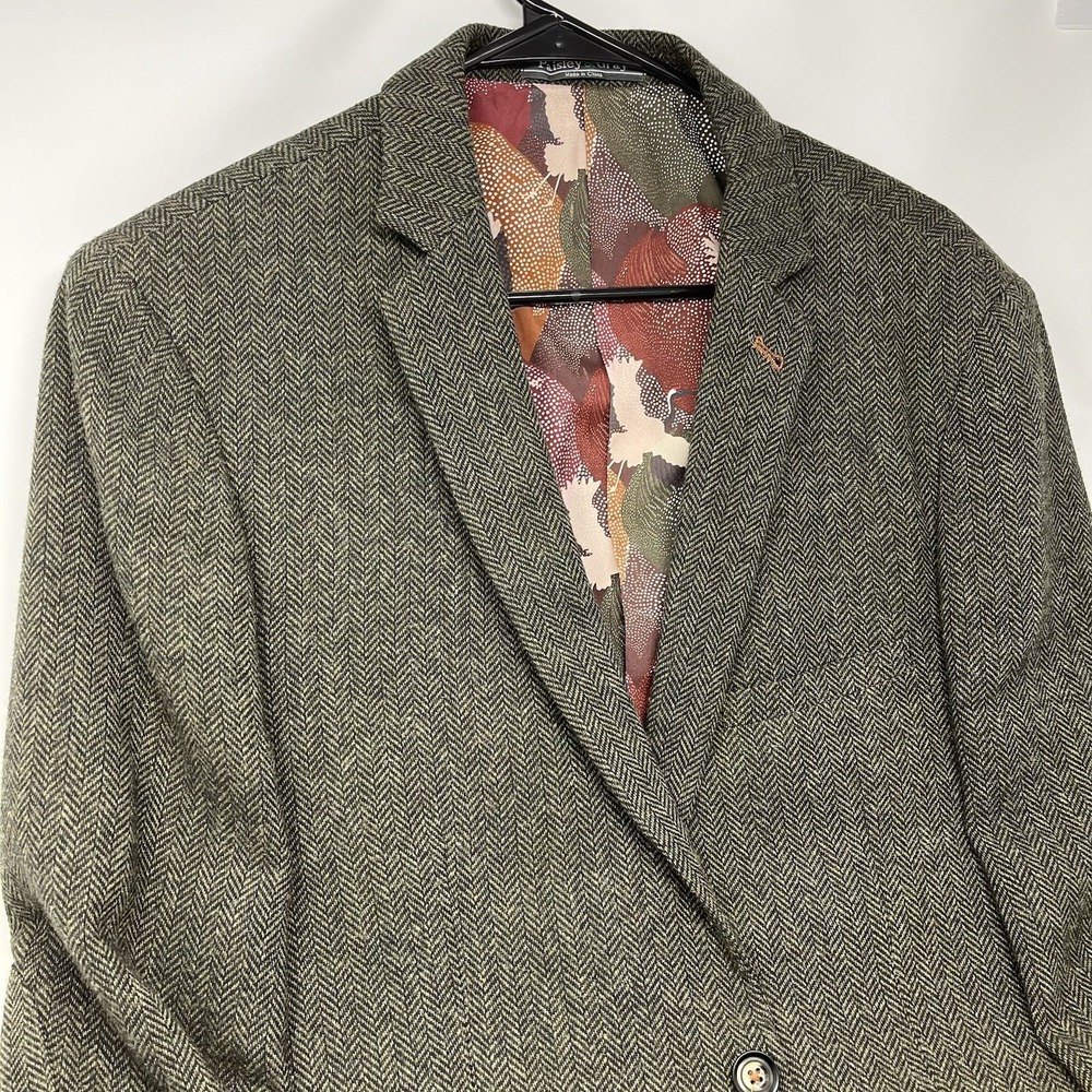 Paisley & Gray Mens 42L Slim Fit Wool Blend Herringbone Tweed Blazer Jacket Gree